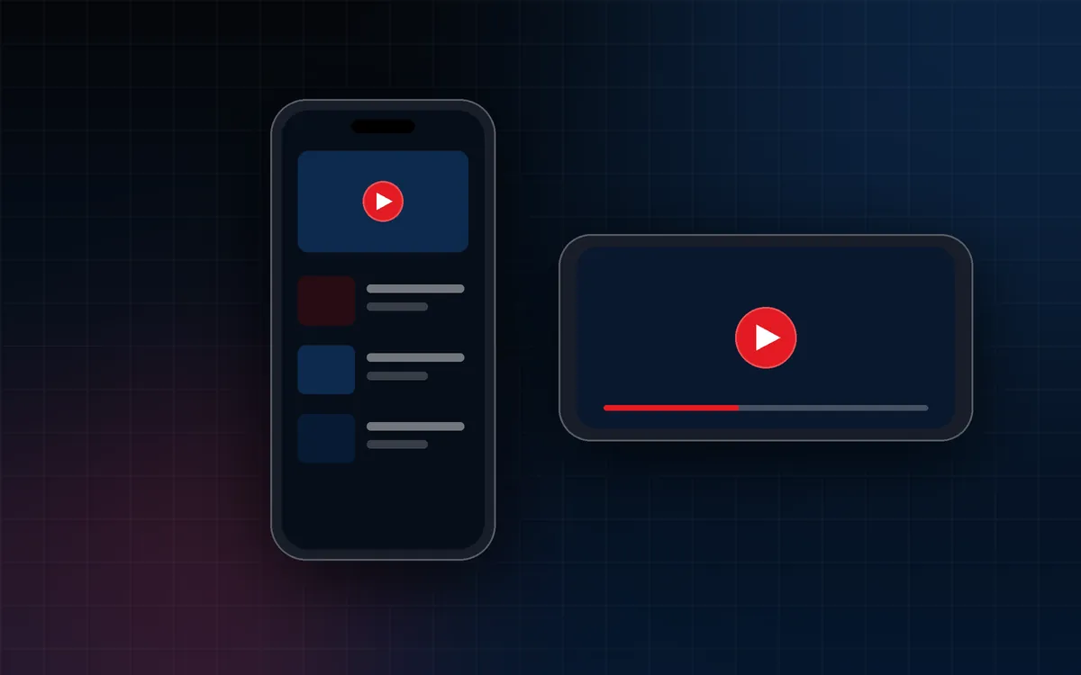 Illustration of a phone in portrait with a video list and a phone in landscape playing a video