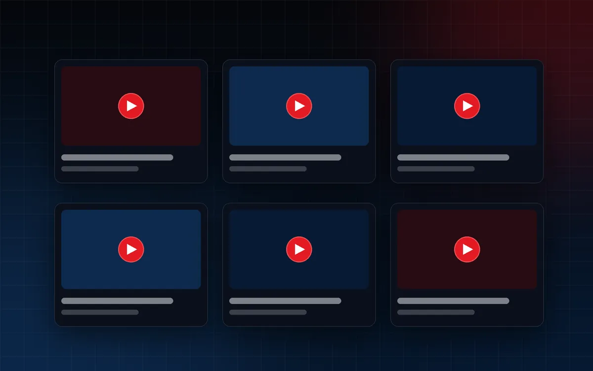 Illustration of a grid of video thumbnails with play buttons